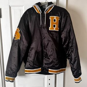 Harry Potter Hufflepuff Letterman Jacket with hood, mens, XL, black, embroidered